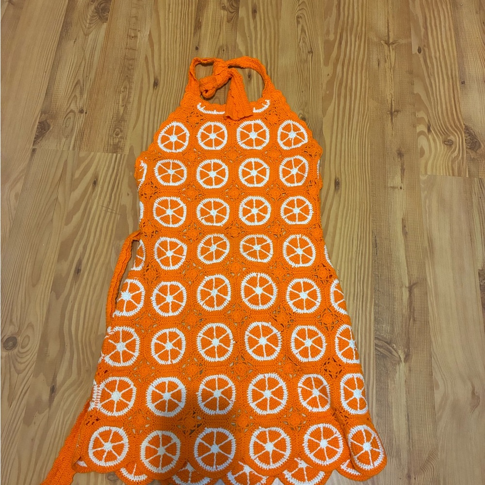 Happy Halter Mini dress Show Me Your MuMu size small orange crochet lined - Picture 2 of 5